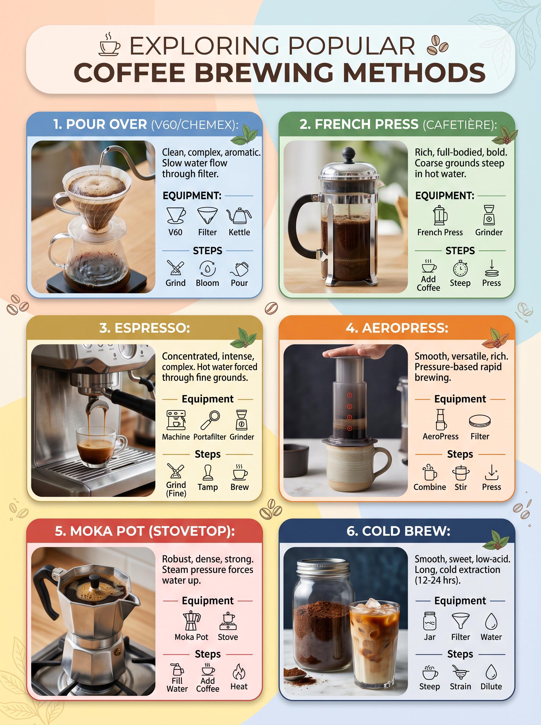 Gemini 3.1 Flash txt2img — coffee brewing methods infographic