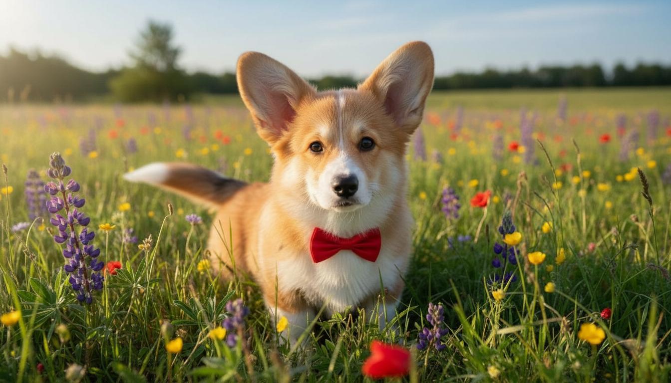 Nano Banana img2img — same corgi with a red bow tie added