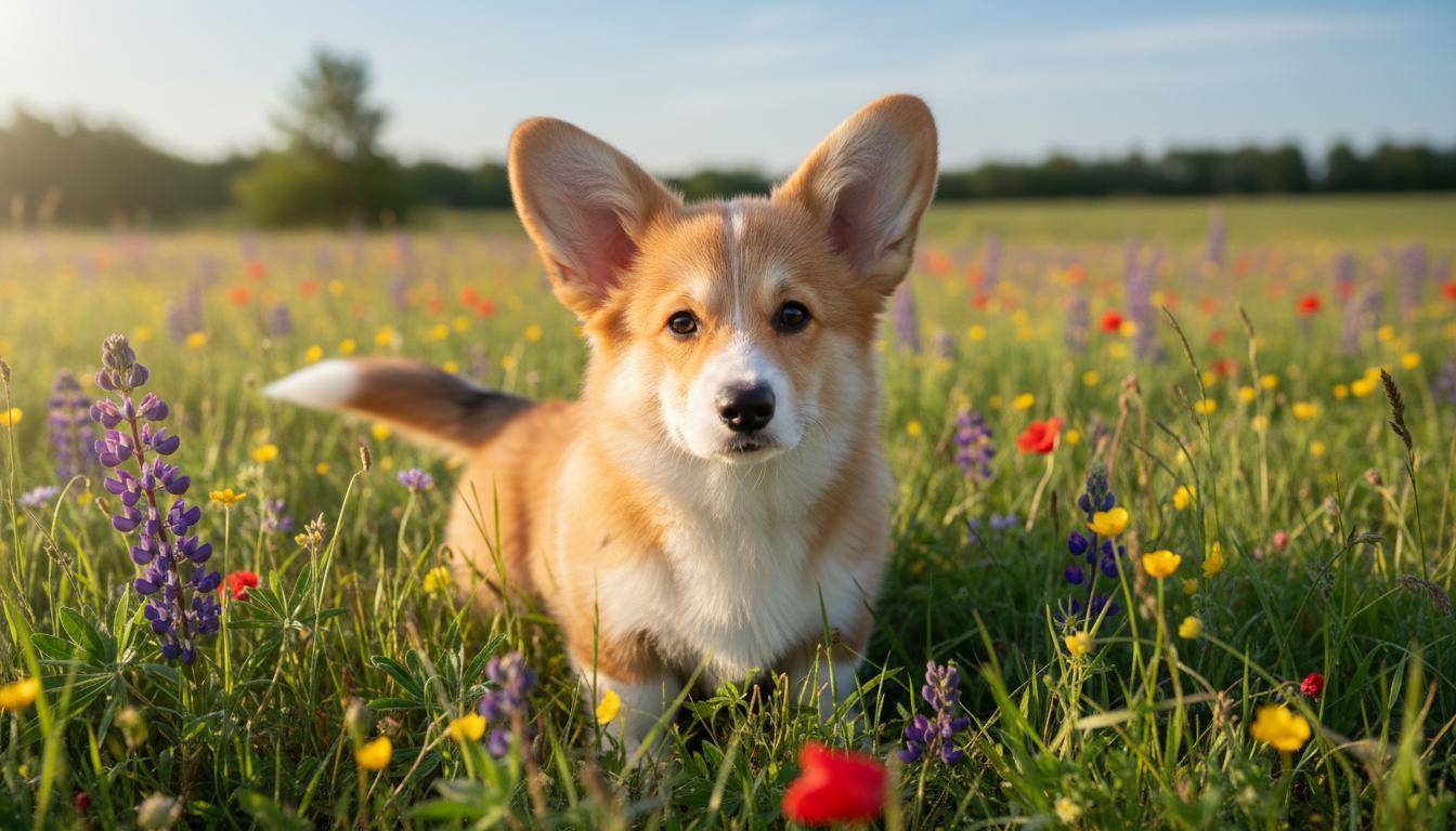 Nano Banana txt2img — corgi puppy in a wildflower meadow