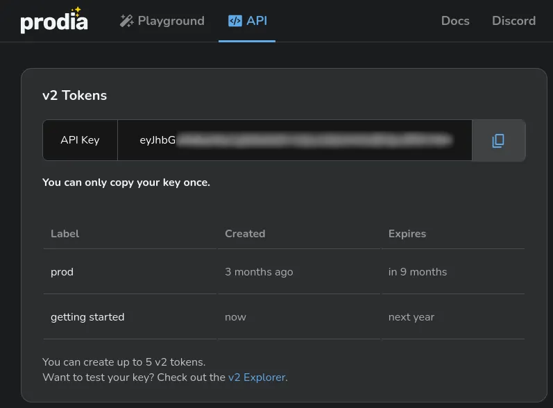 Prodia API Dashboard v2 Token Copy API Key