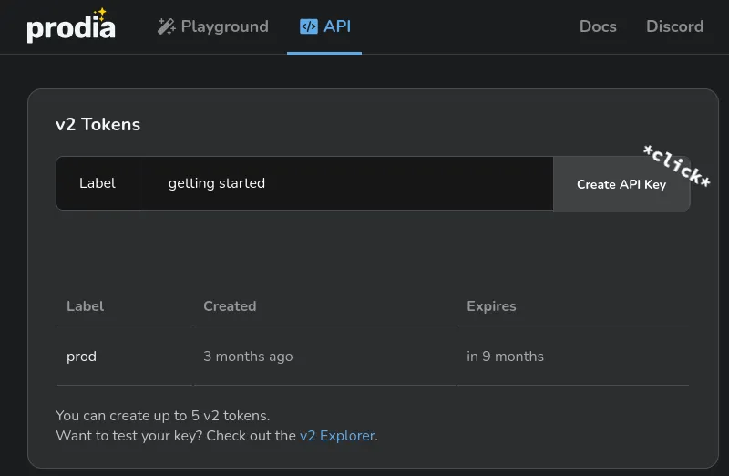 Prodia API Dashboard v2 Token Create API Key
