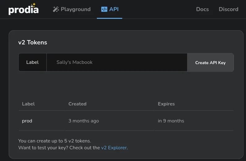 Prodia API Dashboard v2 Token Management