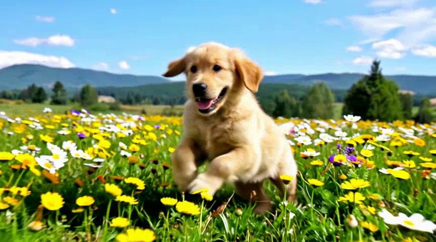 Seedance Pro Turbo text-to-video output, golden retriever puppy