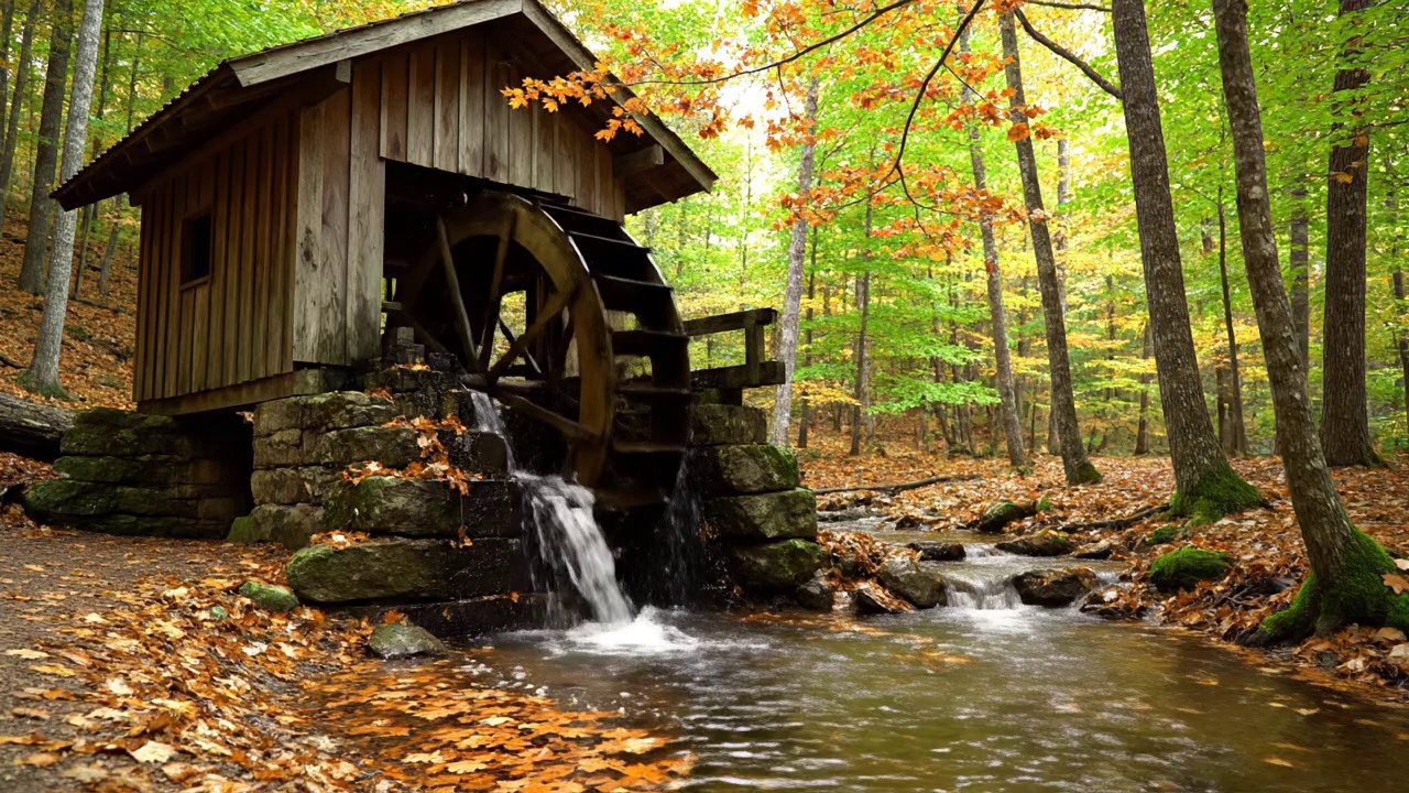 First frame of a Veo-generated video with audio — a wooden water mill in an autumn forest stream