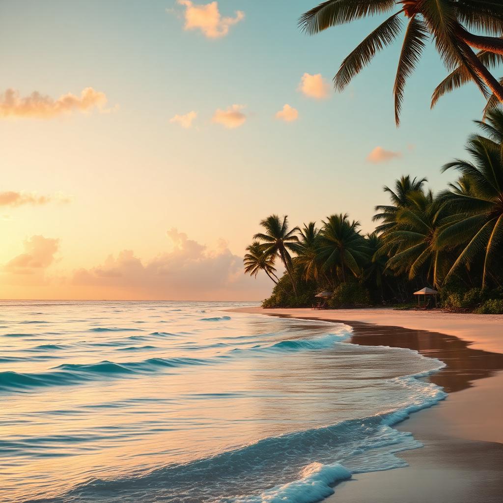 Hero frame: tropical beach at sunrise with palm trees and turquoise water